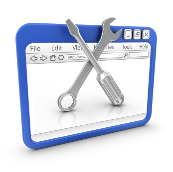 tfwco.com inbound basics - this image shows a tablet computer with a browser search window open and a screwdriver and wrench placed in an x on top of it to represent fixing your website